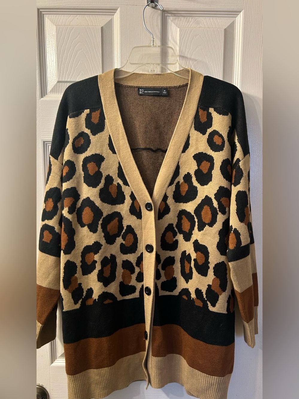 New York & Company Leopard Print Button-Front Cardigan in Tan, Black, Brown